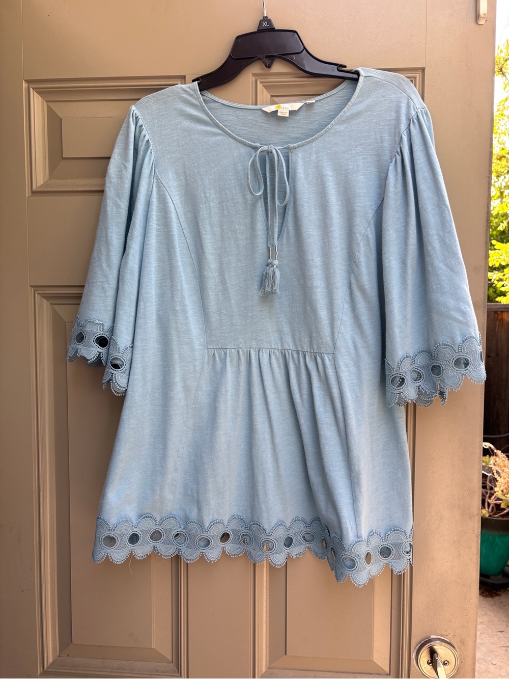 Boden Pale Blue Eyelet Tassel Top